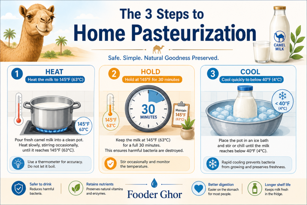 Fooder Ghor infographic chart showing the step-by-step heating, holding, and cooling process for camel milk.
