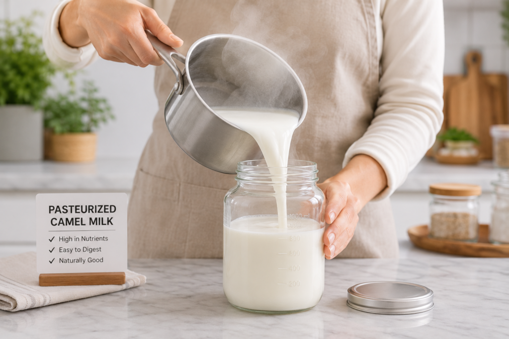 Storing freshly treated camel milk inside a sterile glass container for the family.