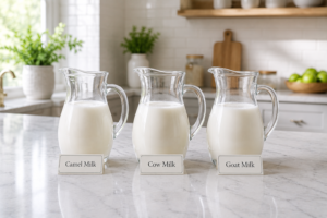 A visual side-by-side comparison of camel milk, cow milk, and goat milk pitchers on a kitchen counter.