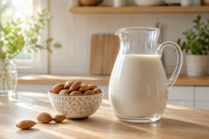 A fresh glass pitcher of off-white almond milk next to whole almonds on a clean kitchen table.