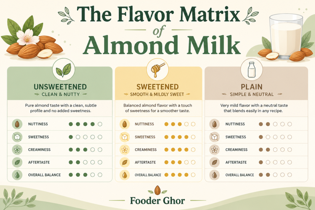 Fooder Ghor infographic chart explaining the different taste notes of almond milk varieties.