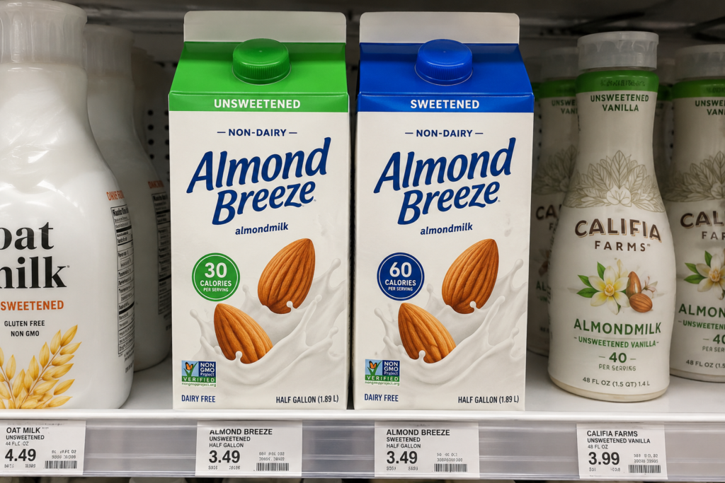 Green and blue almond milk container caps indicating sweetness levels on a grocery store shelf.