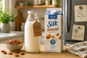 Storing fresh homemade and store-bought almond milk correctly on a kitchen counter.