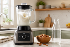 Blending fresh homemade almond milk inside a high-speed kitchen blender.