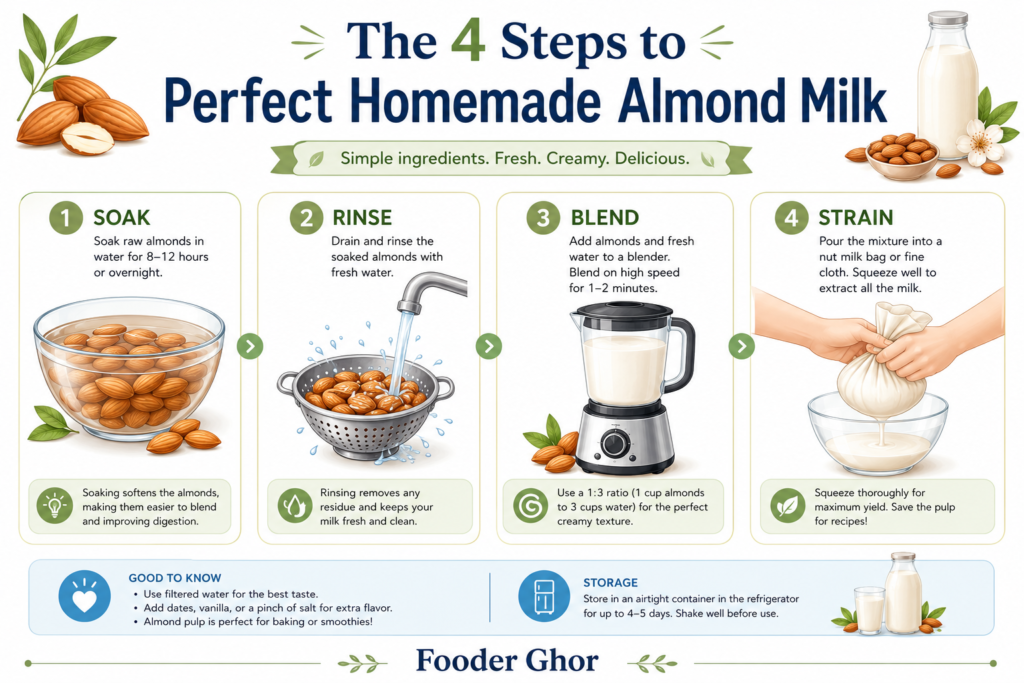 Fooder Ghor step-by-step infographic showing how to soak, blend, and strain homemade almond milk.
