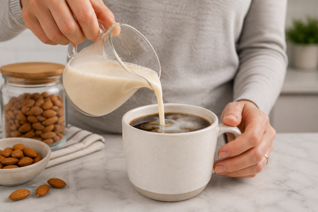 Pouring rich homemade almond milk creamer into a fresh cup of morning coffee.