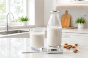 A clear glass of safe, pasteurized almond milk resting on a clean household kitchen counter.