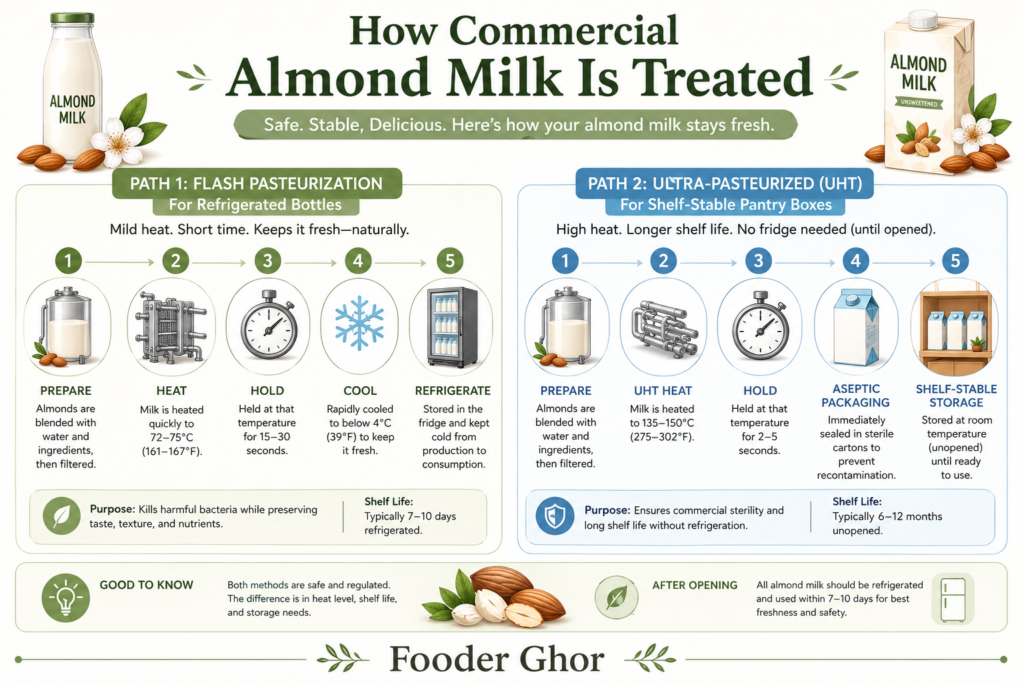 Fooder Ghor infographic chart comparing flash pasteurization and ultra-high temperature (UHT) milk processing.