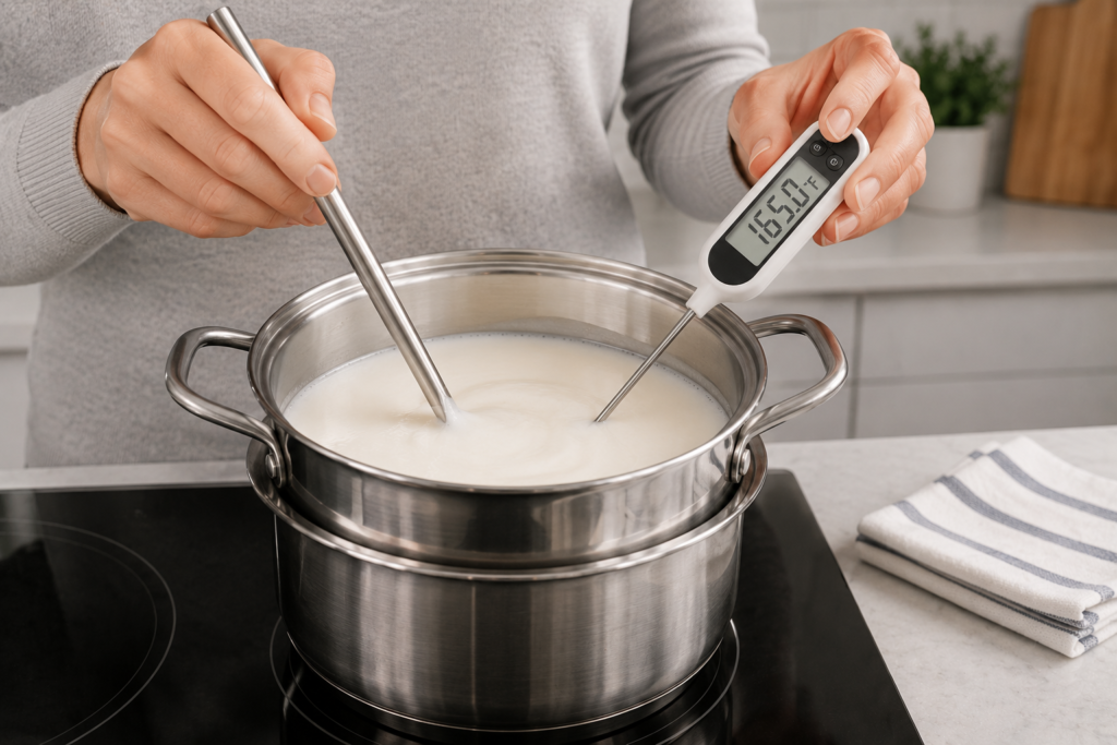 Heating a fresh homemade batch of nut milk safely to 165 degrees on a home stove.
