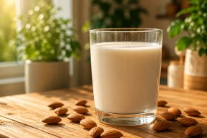 A fresh glass of nutritious almond milk surrounded by whole almonds on a kitchen table.