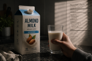 Cautious consumer examining a glass of almond milk in a home kitchen