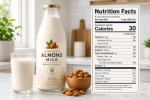 Fortified almond milk carton with a nutrition facts label on a bright kitchen counter.