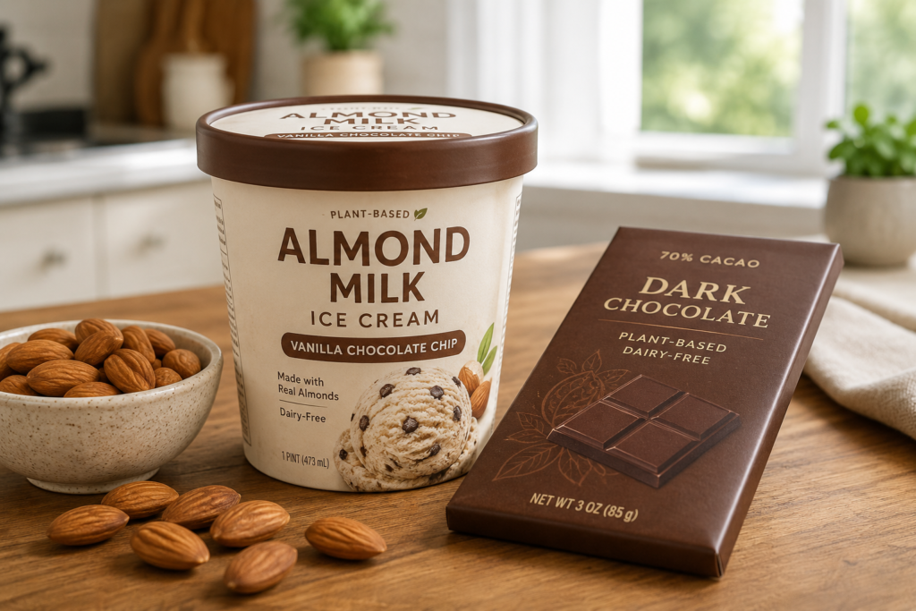 Plant-based almond milk ice cream and chocolate treats on a kitchen counter.
