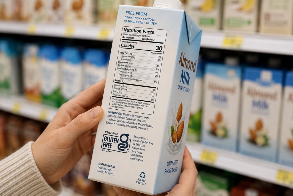 Checking the certified gluten-free label on an almond milk carton at the grocery store.