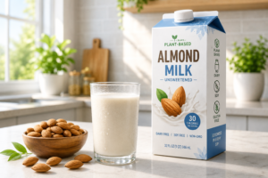 A fresh glass of low-carbohydrate almond milk on a bright kitchen counter.
