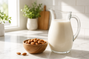Fresh almond milk in a glass pitcher on a kitchen counter with raw almonds.