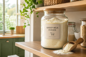 A clear glass jar of sheep milk powder stored on a clean kitchen pantry shelf with a wooden scoop.