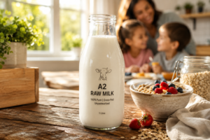 A fresh glass bottle of A2 raw milk on a sunlit wooden kitchen table with breakfast foods.