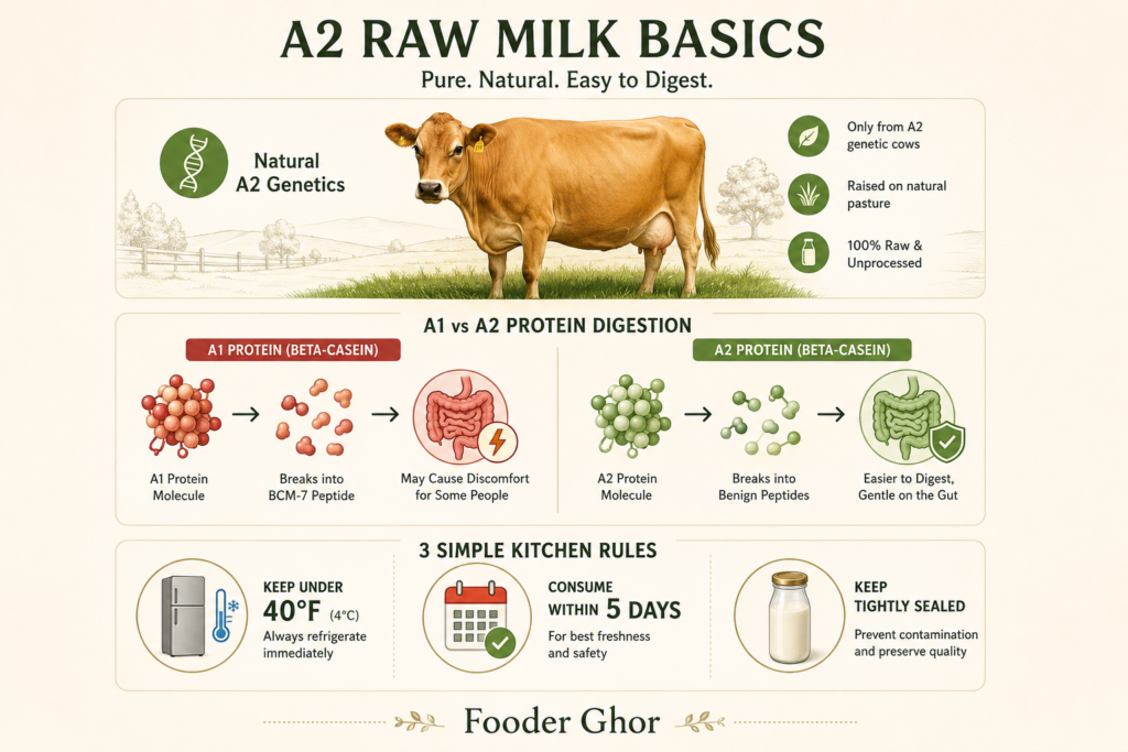 A2 Raw Milk protein digestion chart and basic kitchen safety rules by Fooder Ghor