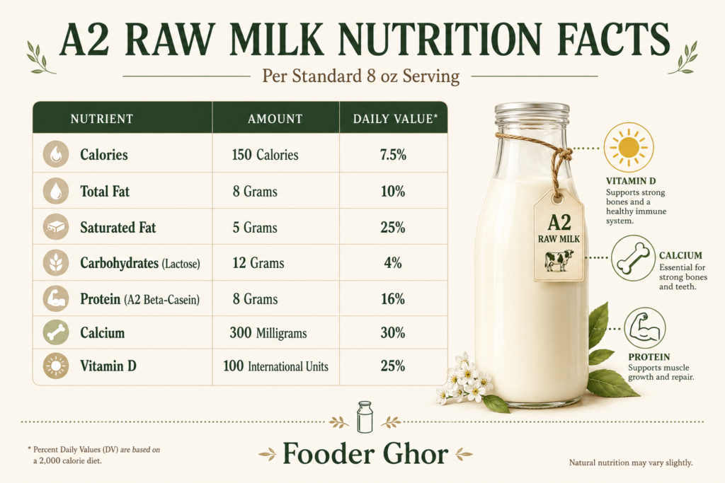 A2 Raw Milk nutrition facts chart showing calories, protein, fat, and vitamin percentages by Fooder Ghor.