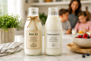 A side by side comparison of raw A2 milk and pasteurized A2 milk bottles on a kitchen counter.