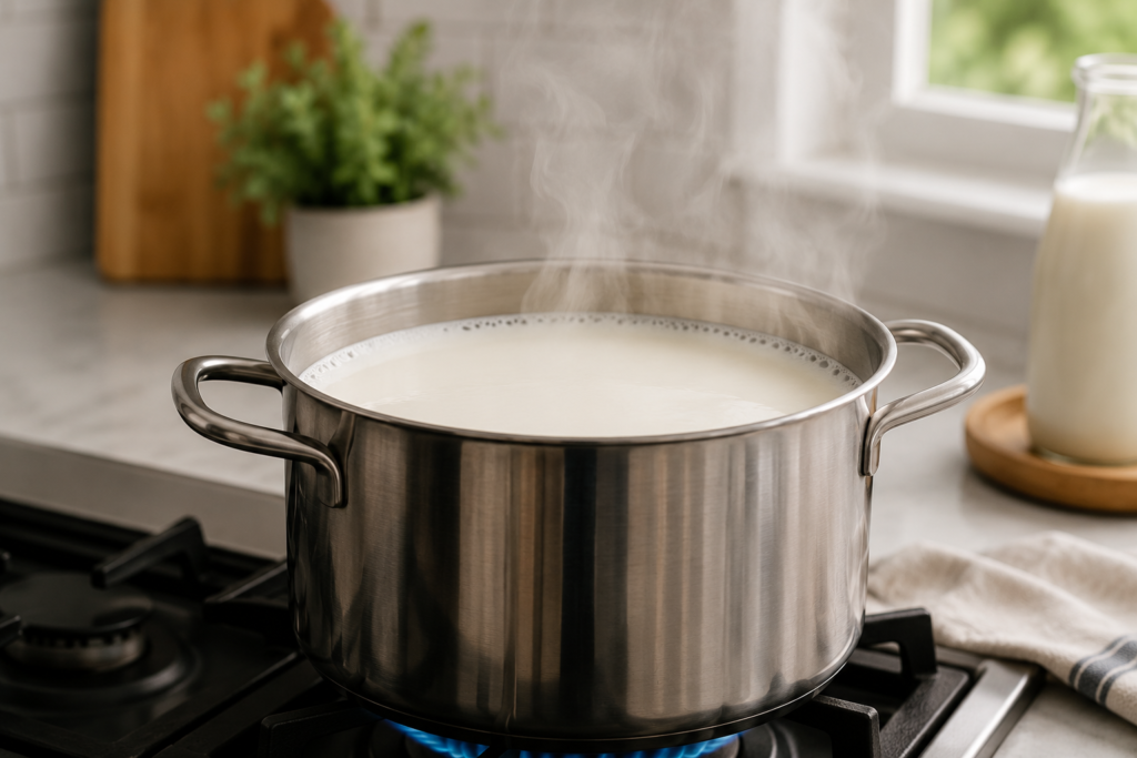 Gently heating fresh milk on a home stove top representing pasteurization.