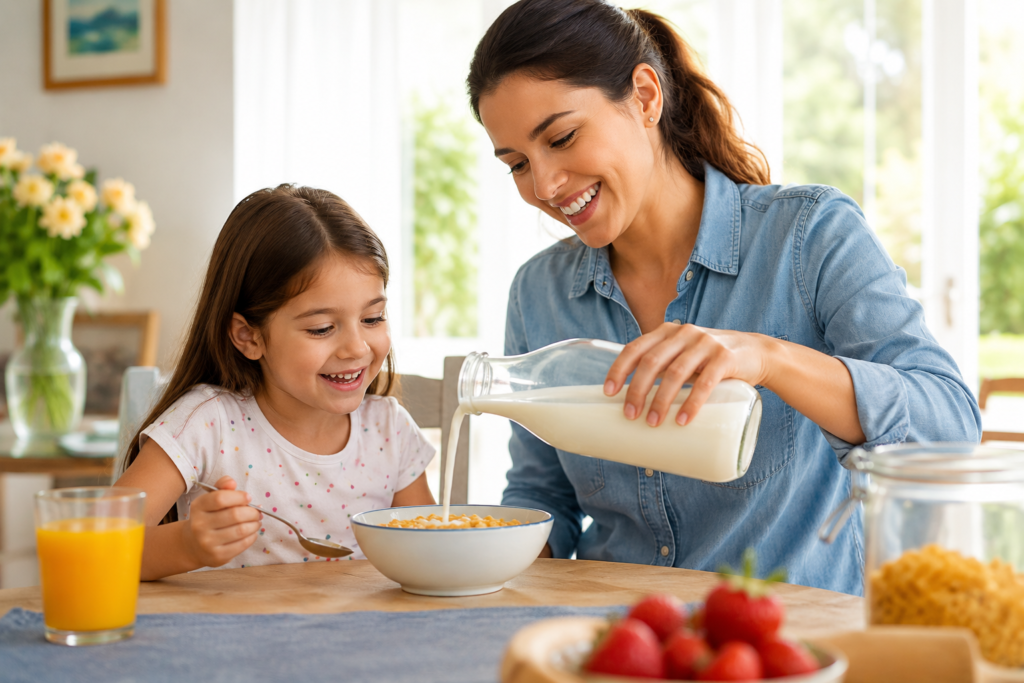 A mother pouring fresh dairy into a child's breakfast bowl during a family morning meal.