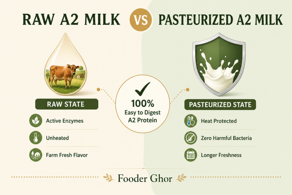 Educational comparison chart showing the core differences and shared protein benefits of raw vs pasteurized A2 milk by Fooder Ghor.