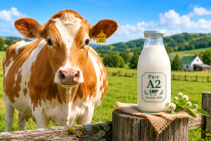 A Guernsey cow in a green field with a fresh bottle of pure A2 milk on a wooden fence.