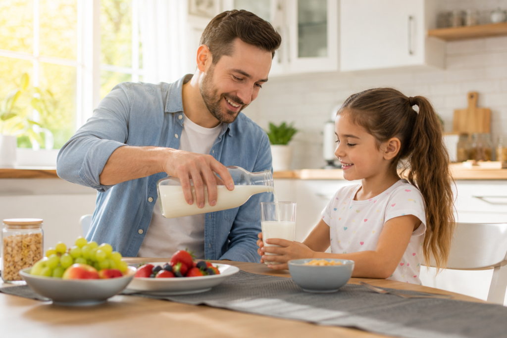 A father pouring a glass of fresh certified A2 milk for his child during breakfast.