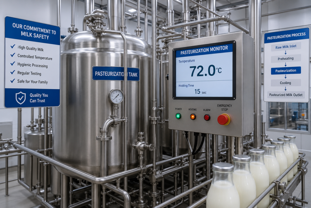 Modern stainless steel pasteurization equipment inside a clean certified dairy facility.