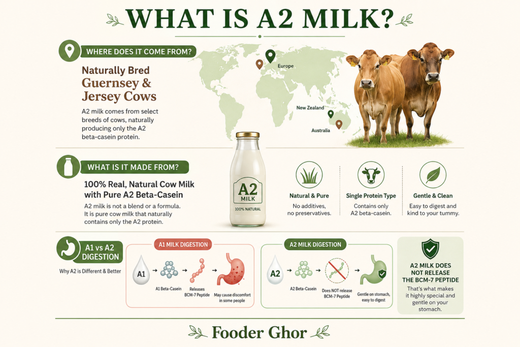 Educational infographic explaining what A2 milk is made from and its digestive benefits compared to regular dairy by Fooder Ghor.