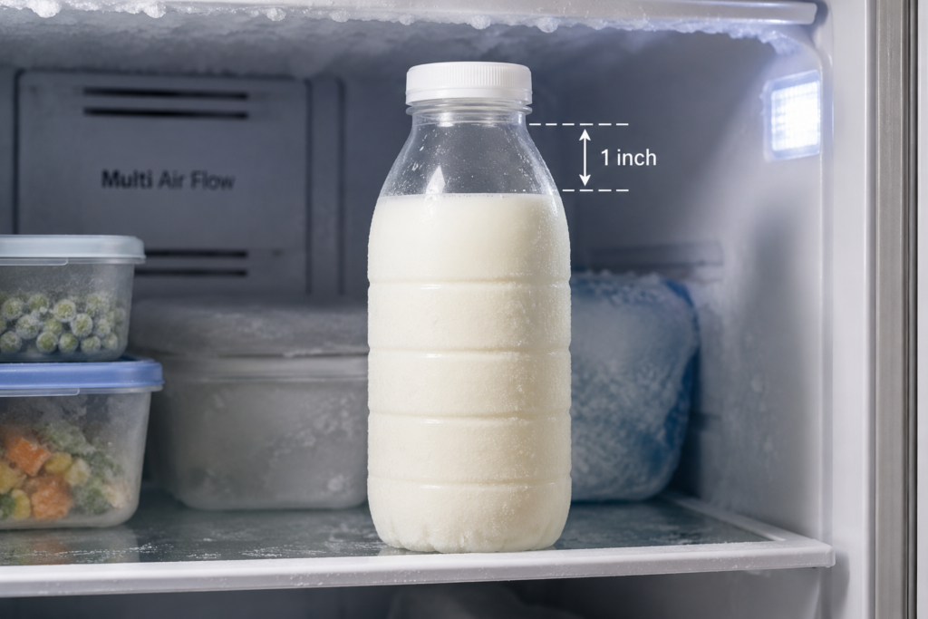 A plastic bottle of milk stored safely inside a home freezer with proper headspace