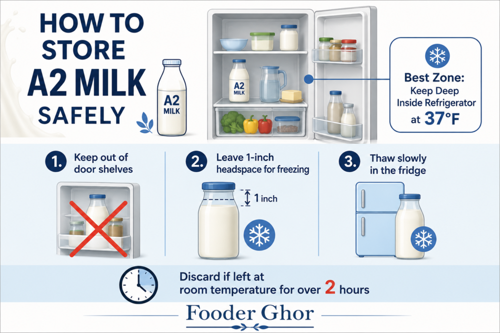 Educational infographic showing step-by-step refrigerator storage and freezing rules for A2 milk by Fooder Ghor.