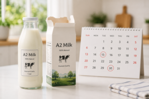 A fresh bottle and carton of milk on a kitchen table representing shelf life tracking.