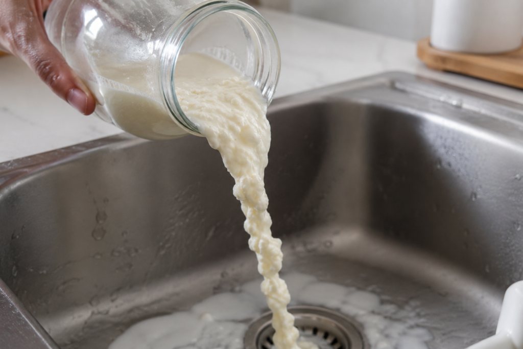 Discarding spoiled curdled milk down a clean kitchen sink to prevent food poisoning.