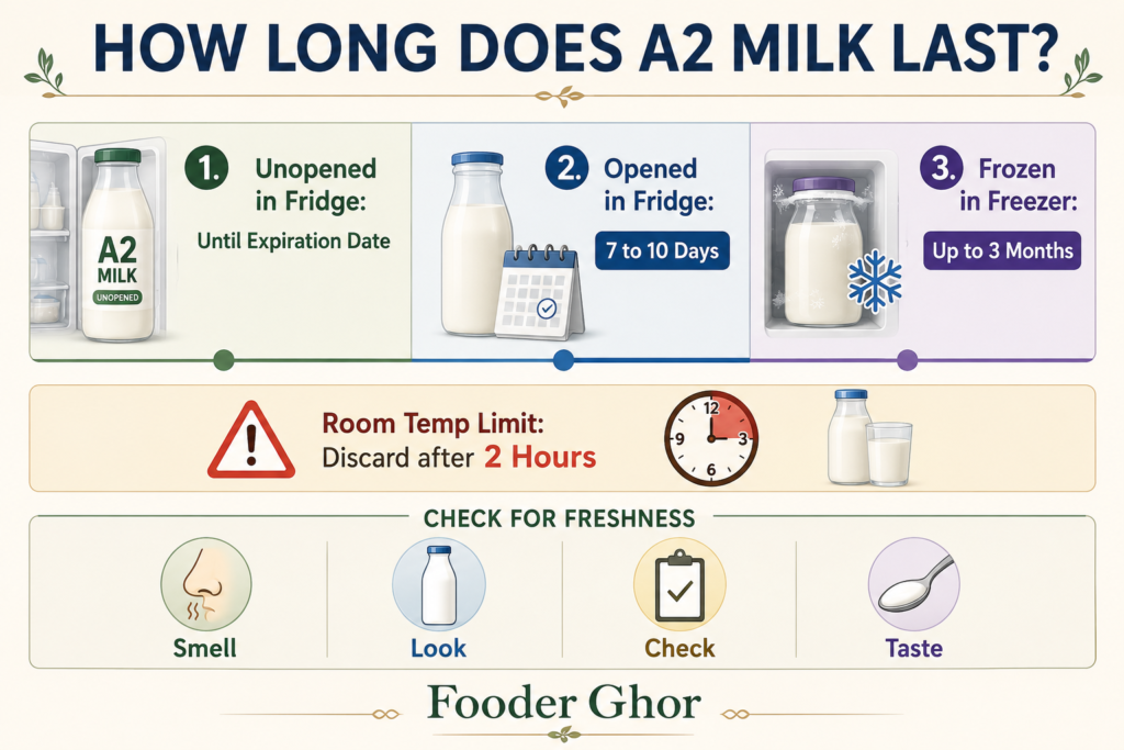 Educational infographic displaying exact shelf life timelines and freshness check rules for A2 milk by Fooder Ghor.