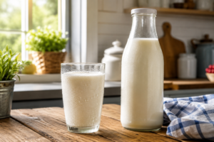 A fresh glass of cold A1 cow milk on a wooden kitchen table.