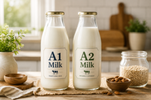 A comparison of A1 milk and A2 milk bottles on a kitchen counter.