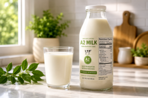 A fresh glass and bottle of A2 milk showcasing nutrition facts.