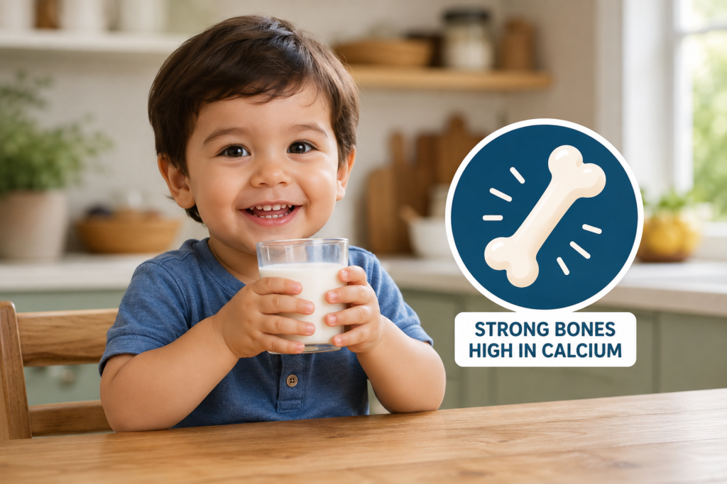 A happy child drinking calcium-rich A2 milk for strong bones.