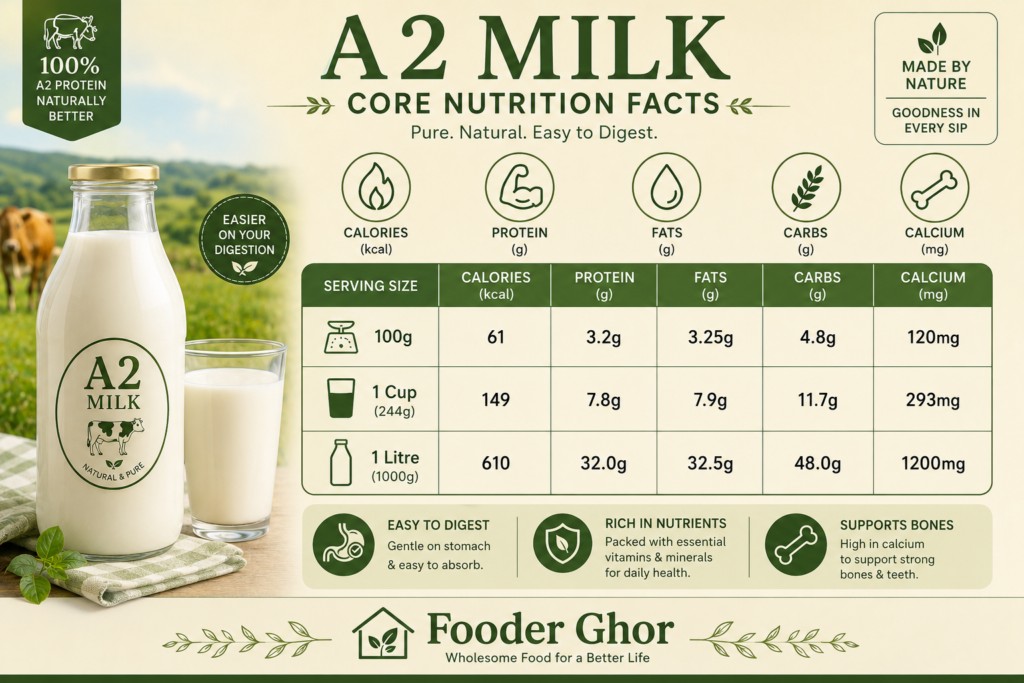 Complete A2 milk nutrition facts infographic by Fooder Ghor.