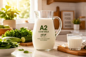 A fresh pitcher of A2 cow milk on a bright kitchen counter showcasing health benefits.