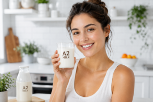 A smiling woman with radiant skin holding a glass of fresh A2 milk.