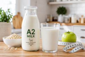 A fresh glass bottle of A2 milk on a kitchen counter next to a fitness measuring tape and oats symbolizing weight loss benefits.
