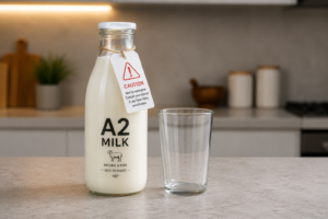 A glass bottle of A2 milk with a red warning symbol on a kitchen counter illustrating potential side effects.