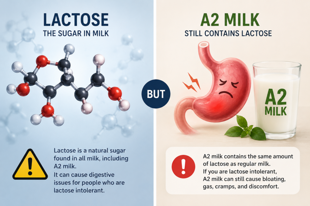Conceptual infographic showing that A2 milk contains lactose and can cause digestive side effects.