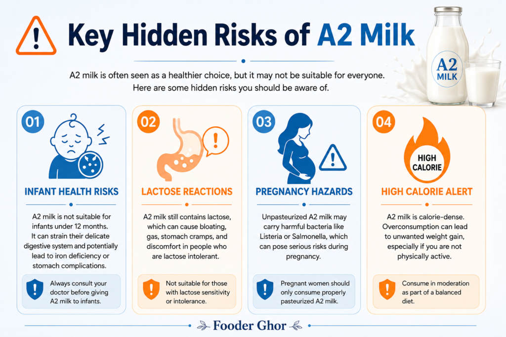 Comprehensive health infographic by Fooder Ghor displaying the primary side effects and risks associated with A2 milk consumption.