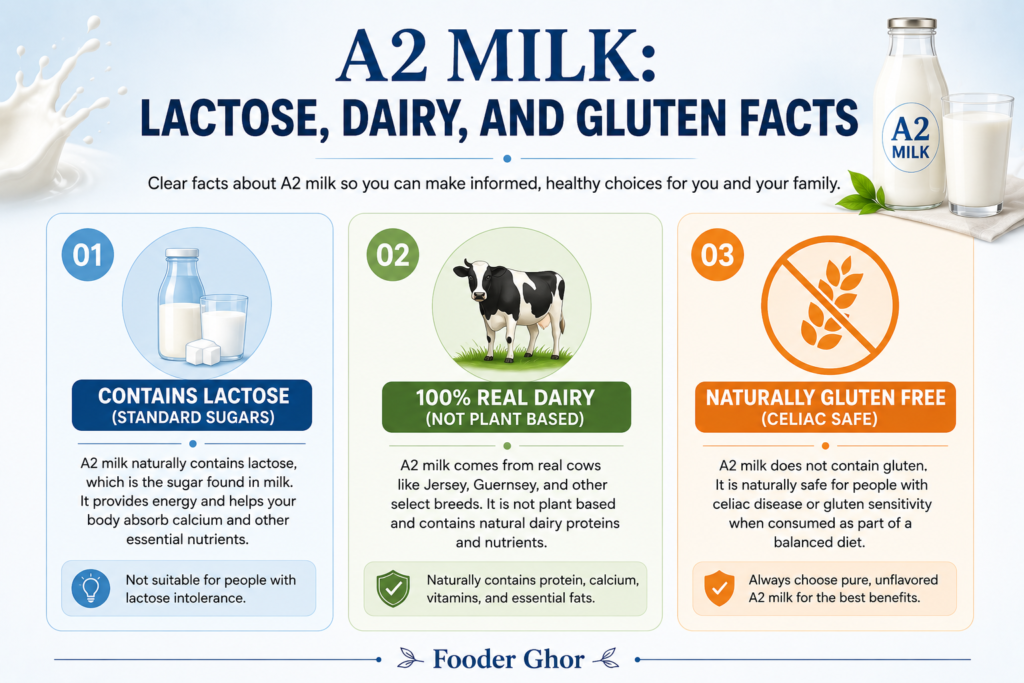 Comprehensive facts infographic by Fooder Ghor breaking down the lactose, dairy, and gluten properties of A2 milk.