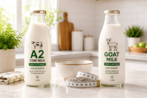 Side by side comparison of A2 cow milk and whole goat milk bottles on a kitchen counter showing dietary choices.